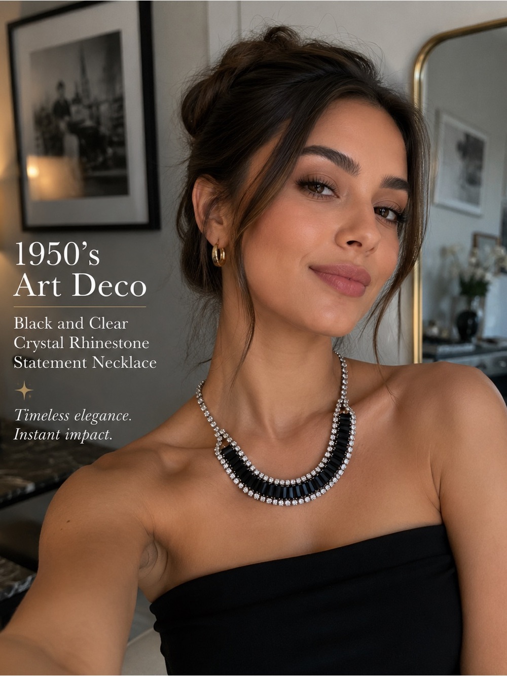 1950’s Art Deco Black and Clear Crystal Rhinestone statement Necklace.